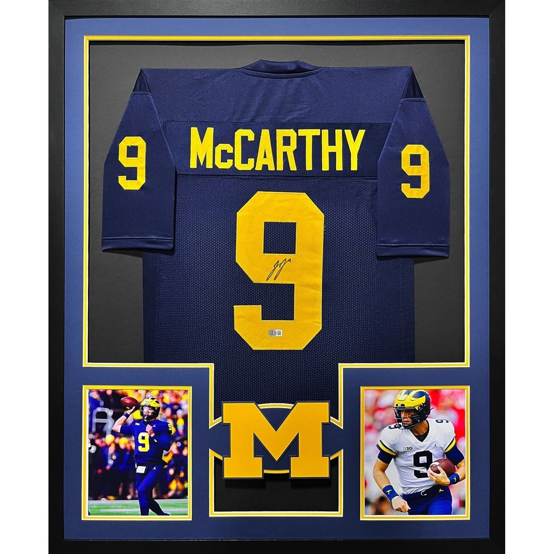 JJ McCarthy Signed Framed Jersey Autographed by Beckett Michigan 42x34: JJ McCarthy Signed Framed Jersey Autographed by Beckett Michigan 42x34 This framed autographed jersey of JJ McCarthy is a must-have for any Michigan Wolverines fan. Authenticated by Beckett, a leader