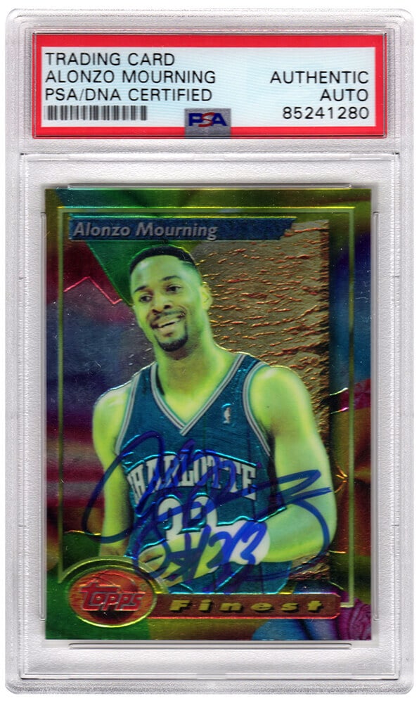 Alonzo Mourning Signed Charlotte Hornets 1993-94 Topps Finest Card PSA Encapsulated: Alonzo Mourning Signed Charlotte Hornets 1993-94 Topps Finest Card PSA Encapsulated This is a signed Alonzo Mourning 1993-94 Topps Finest basketball trading card #201 featuring the Charlotte Hornets.