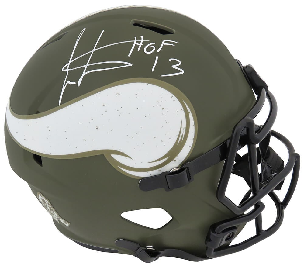 Cris Carter Signed Vikings Riddell Helmet with HOF 13 Inscription: Cris Carter Signed Vikings Riddell Helmet with HOF 13 Inscription This is a Cris Carter signed Minnesota Vikings Salute to Service Riddell full-size speed replica helmet featuring the inscription 'HOF