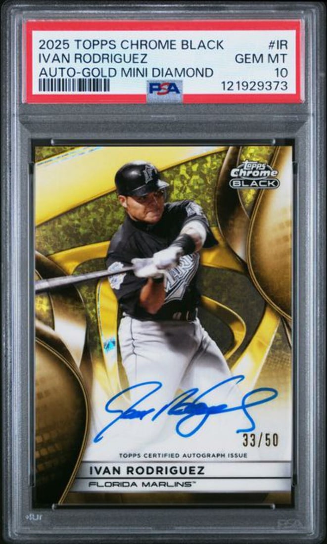 2025 Topps Chrome Black Ivan Rodriguez #IR/50 Gold Mini Auto PSA 10: 2025 Topps Chrome Black Ivan Rodriguez #IR/50 Gold Mini Auto PSA 10 This is a graded 2025 Topps Chrome Black Ivan Rodriguez #IR /50 Gold Mini Auto Card, encapsulated and graded by Professional Sports