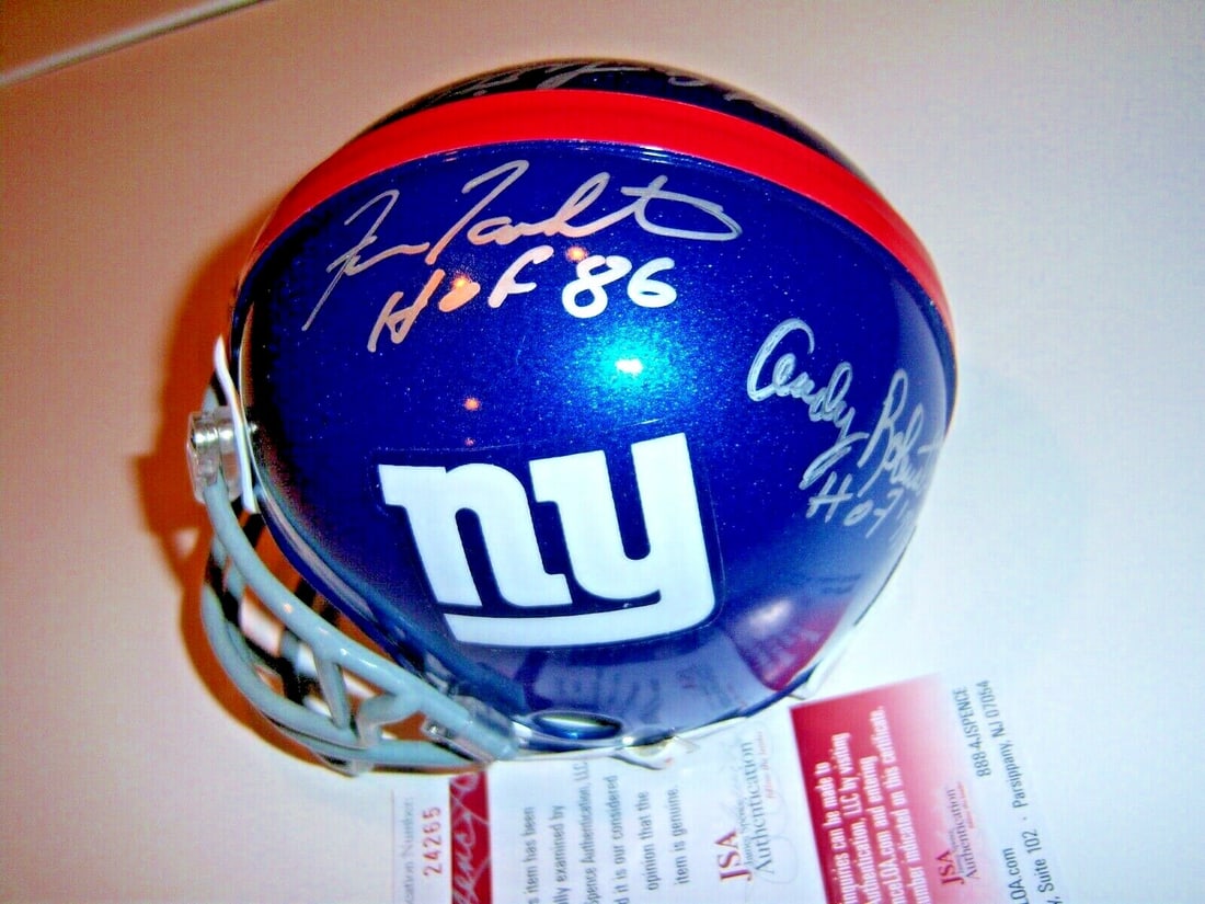 Giants Signed Mini Helmet Andy Robustelli Fran Tarkenton Y.A. Tittle JSA COA (1 of 2)