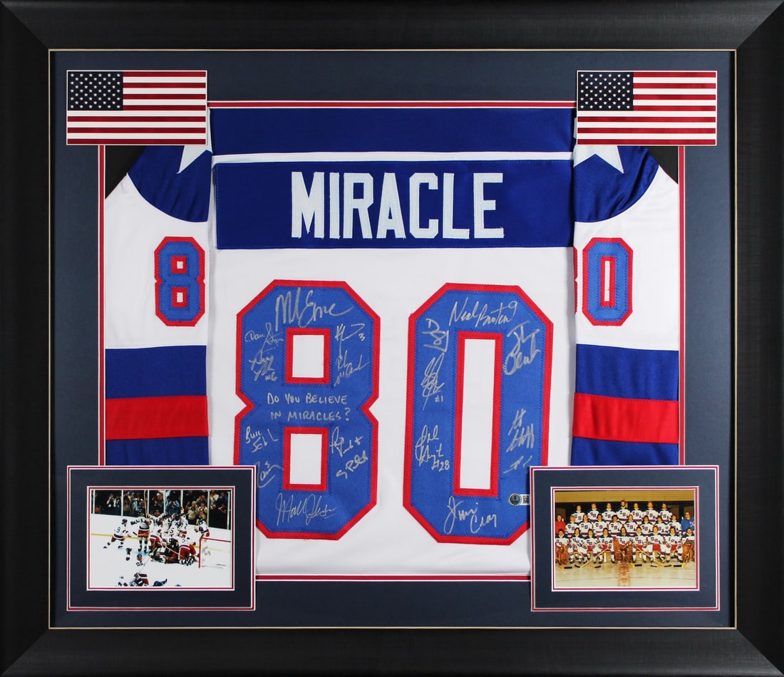 White Framed Jersey with 18 1980 USA Hockey Team Signatures Beckett Authenticated (1 of 2)