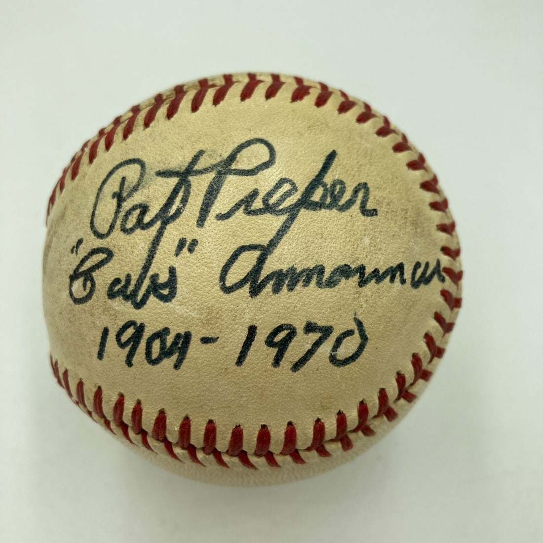 Pat Pieper Signed Chicago Cubs Baseball with JSA COA: Pat Pieper Signed Chicago Cubs Baseball with JSA COA This is an original signed baseball featuring the autograph of Pat Pieper, the legendary voice of Wrigley Field and announcer for the Chicago Cubs.