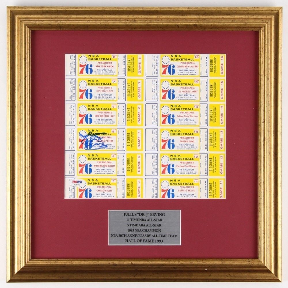 Julius Dr J Erving Signed 1976 Uncut Ticket Sheet PSA DNA Rookie Season: Julius Dr J Erving Signed 1976 Uncut Ticket Sheet PSA DNA Rookie Season Celebrate the legacy of basketball legend Julius "Dr. J" Erving with this rare 1976 Philadelphia 76ers Uncut Ticket Sheet. Hand-