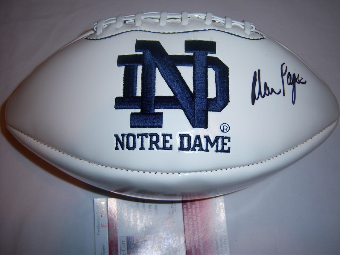 Alan Page Signed Football JSA COA Notre Dame Vikings HOF: Alan Page Signed Football JSA COA Notre Dame Vikings HOF This is an authentic, pre-owned football signed by Alan Page, a Hall of Famer known for his time with the Notre Dame Fighting Irish and the Min