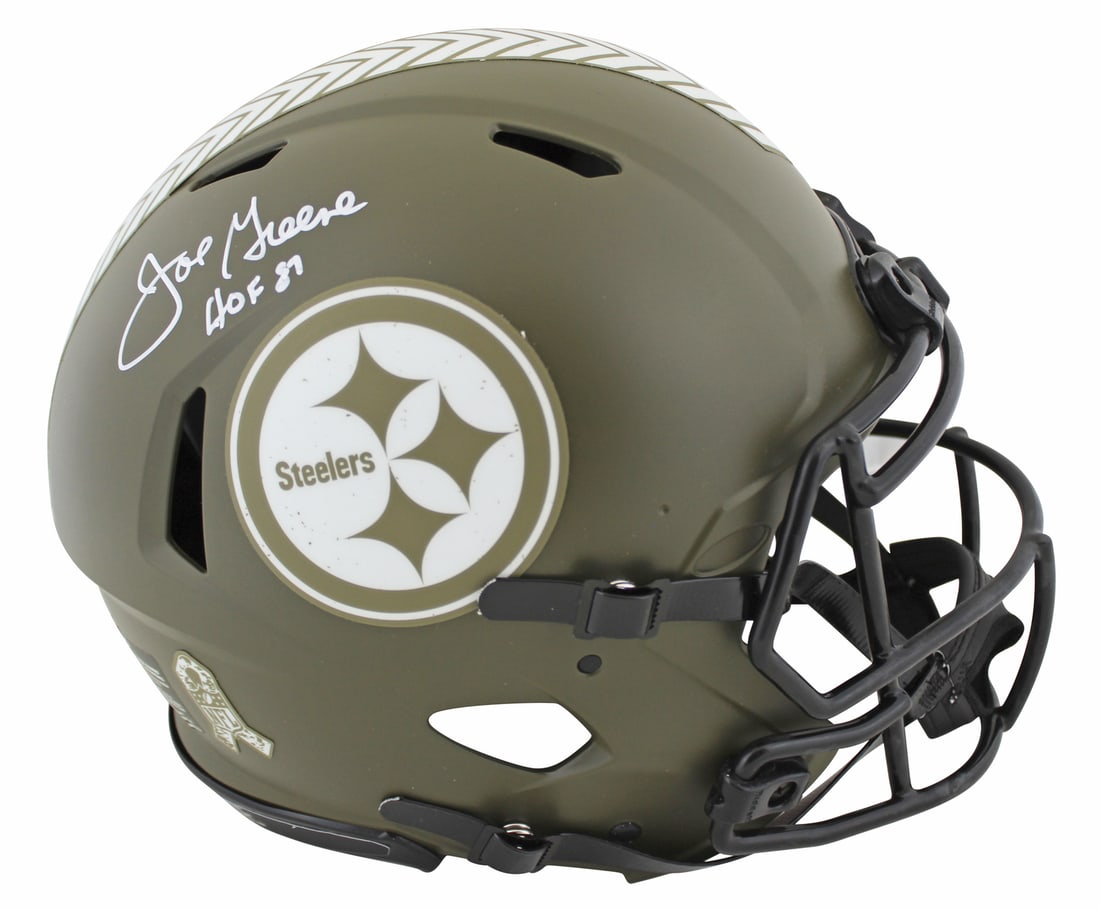 Joe Greene Signed Steelers Proline Helmet HOF 87 BAS Authenticated: Joe Greene Signed Steelers Proline Helmet HOF 87 BAS Authenticated This autographed Pittsburgh Steelers alternate Salute To Service Riddell authentic full-size Speed Proline helmet features the signat