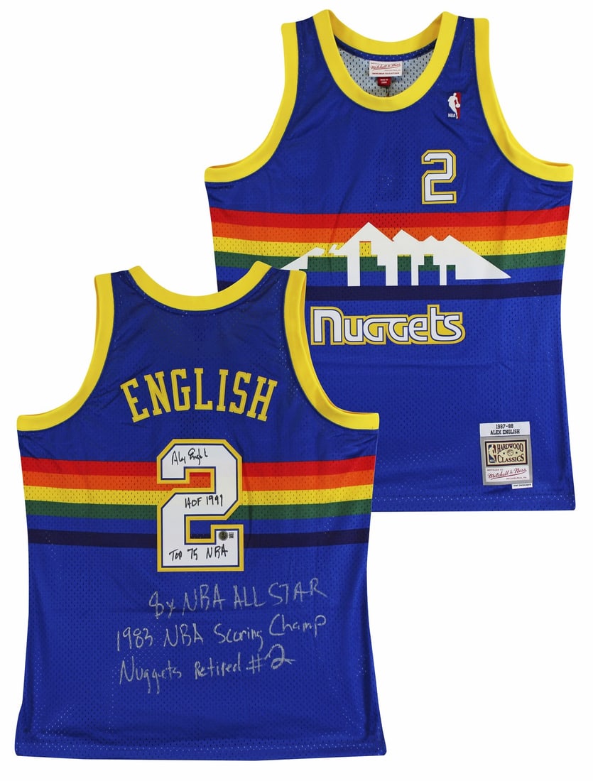 Alex English Signed Denver Nuggets Blue Jersey HOF 97 BAS Authenticated: Alex English Signed Denver Nuggets Blue Jersey HOF 97 BAS Authenticated This exceptional autographed jersey features Alex English, a legendary player for the Denver Nuggets. The jersey is a Blue Mitch