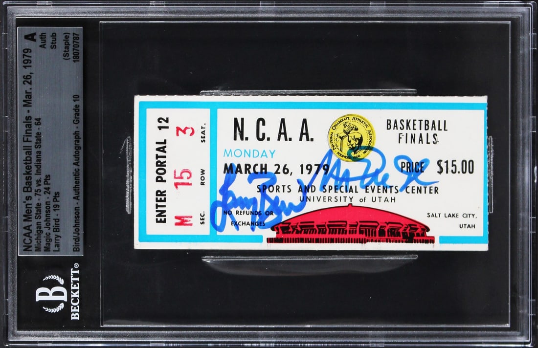 Magic Johnson Larry Bird Signed 1979 NCAA Finals Ticket Stub Gem Mint 10 BAS: Magic Johnson Larry Bird Signed 1979 NCAA Finals Ticket Stub Gem Mint 10 BAS This remarkable collectible features the signatures of basketball legends Magic Johnson and Larry Bird on a 1979 NCAA Final