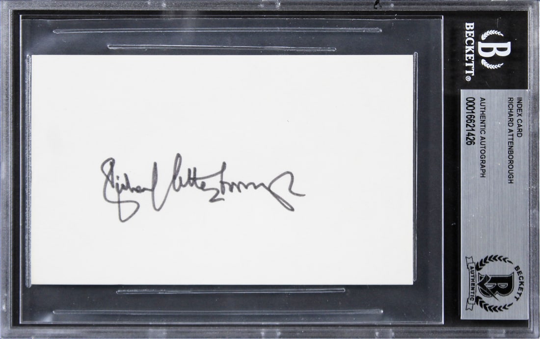 Richard Attenborough Jurassic Park Signed 3x5 Index Card Beckett Authenticated: Richard Attenborough Jurassic Park Signed 3x5 Index Card Beckett Authenticated This authentic 3x5 index card has been personally signed by Richard Attenborough, known for his role in Jurassic Park. Ea