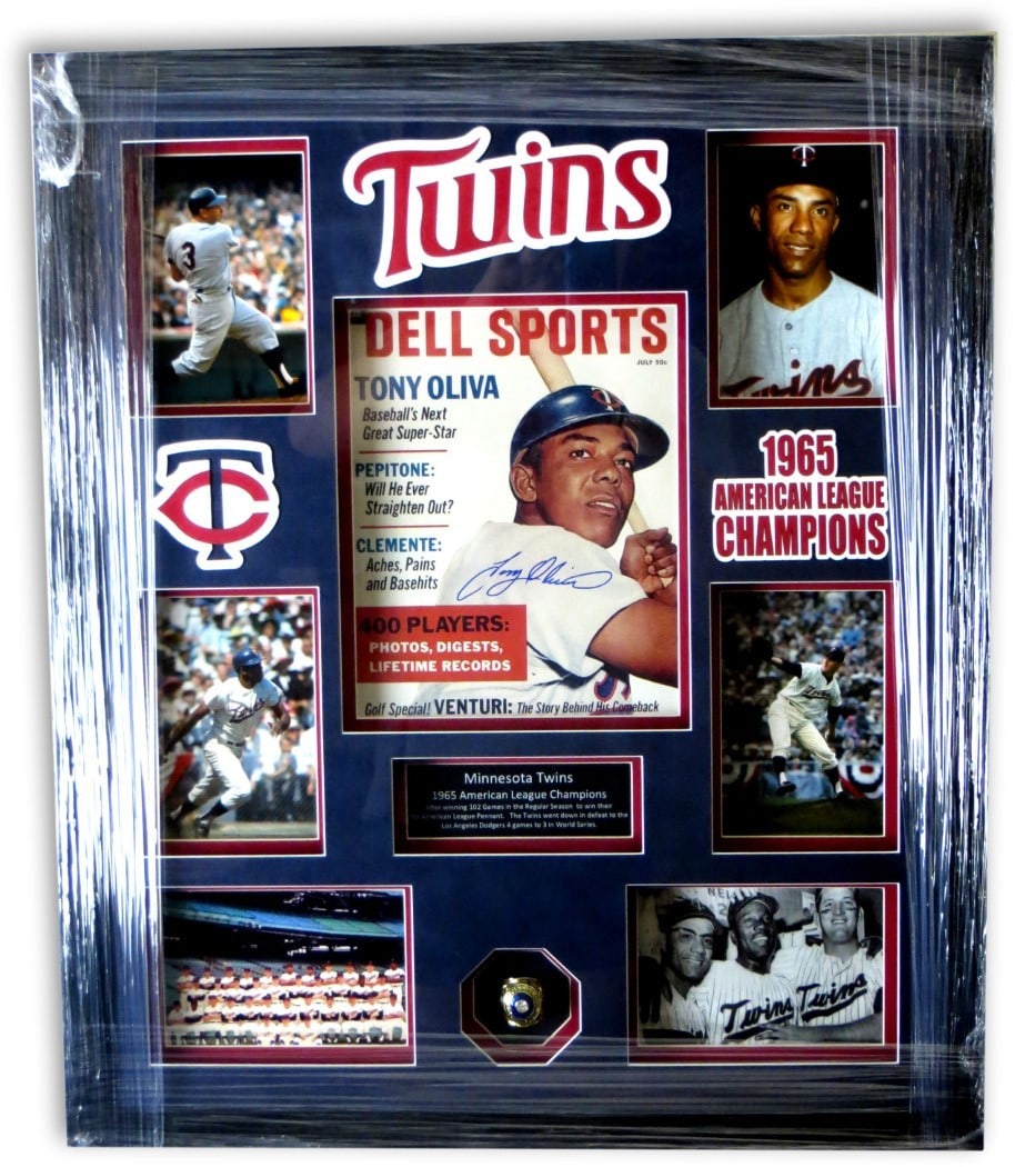 Tony Oliva Autographed Framed Photo Collage Minnesota Twins 1965 Champs JSA: Tony Oliva Autographed Framed Photo Collage Minnesota Twins 1965 Champs JSA Celebrate the legacy of Tony Oliva with this stunning autographed framed photo collage, commemorating the Minnesota Twins' 1