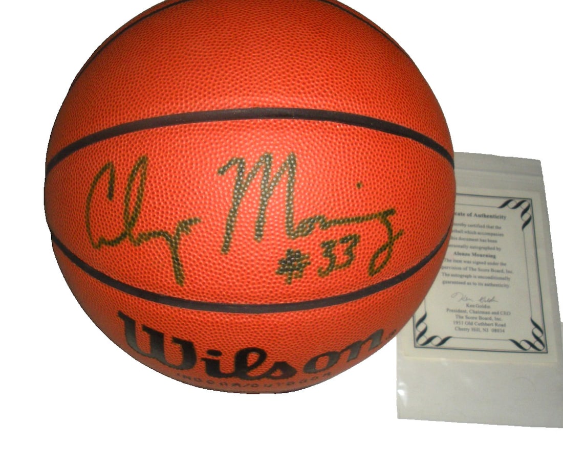 Alonzo Mourning Signed Basketball Miami Heat Georgetown Hoyas COA: Alonzo Mourning Signed Basketball Miami Heat Georgetown Hoyas COA This is an original signed basketball featuring Alonzo Mourning, a renowned player for both the Miami Heat and Georgetown Hoyas. The b