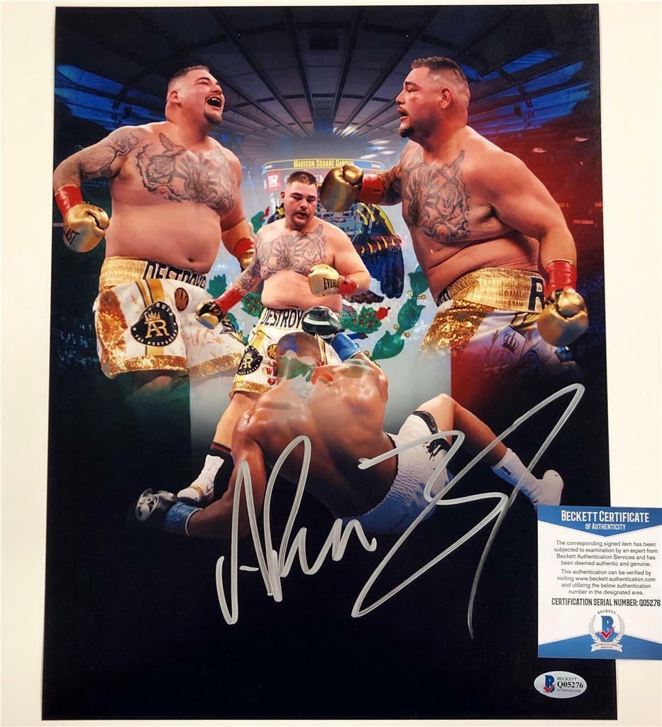 Andy Ruiz Jr Signed 11x14 Photo Collage with Beckett COA: Andy Ruiz Jr Signed 11x14 Photo Collage with Beckett COA This is an original 11x14 photo collage featuring Mexican boxing champion Andy Ruiz Jr., signed by the athlete himself. The autograph is authen