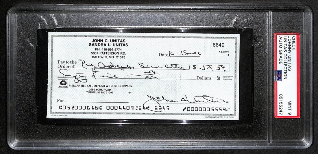 Johnny Unitas Signed October 15 2000 Check PSA/DNA MINT 9: Johnny Unitas Signed October 15 2000 Check PSA/DNA MINT 9 This offering features an original, authenticated Johnny Unitas signed check dated October 15, 2000. The check, issued by the Baltimore Colts