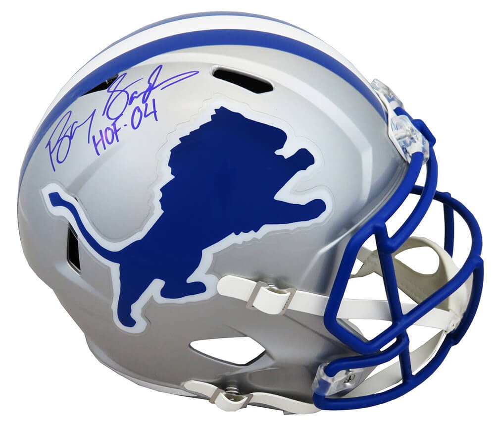 Barry Sanders Signed Lions Riddell Helmet HOF 04 COA: Barry Sanders Signed Lions Riddell Helmet HOF 04 COA Celebrate the legacy of NFL superstar Barry Sanders with this signed Detroit Lions throwback Riddell full-size speed replica helmet. This authentic