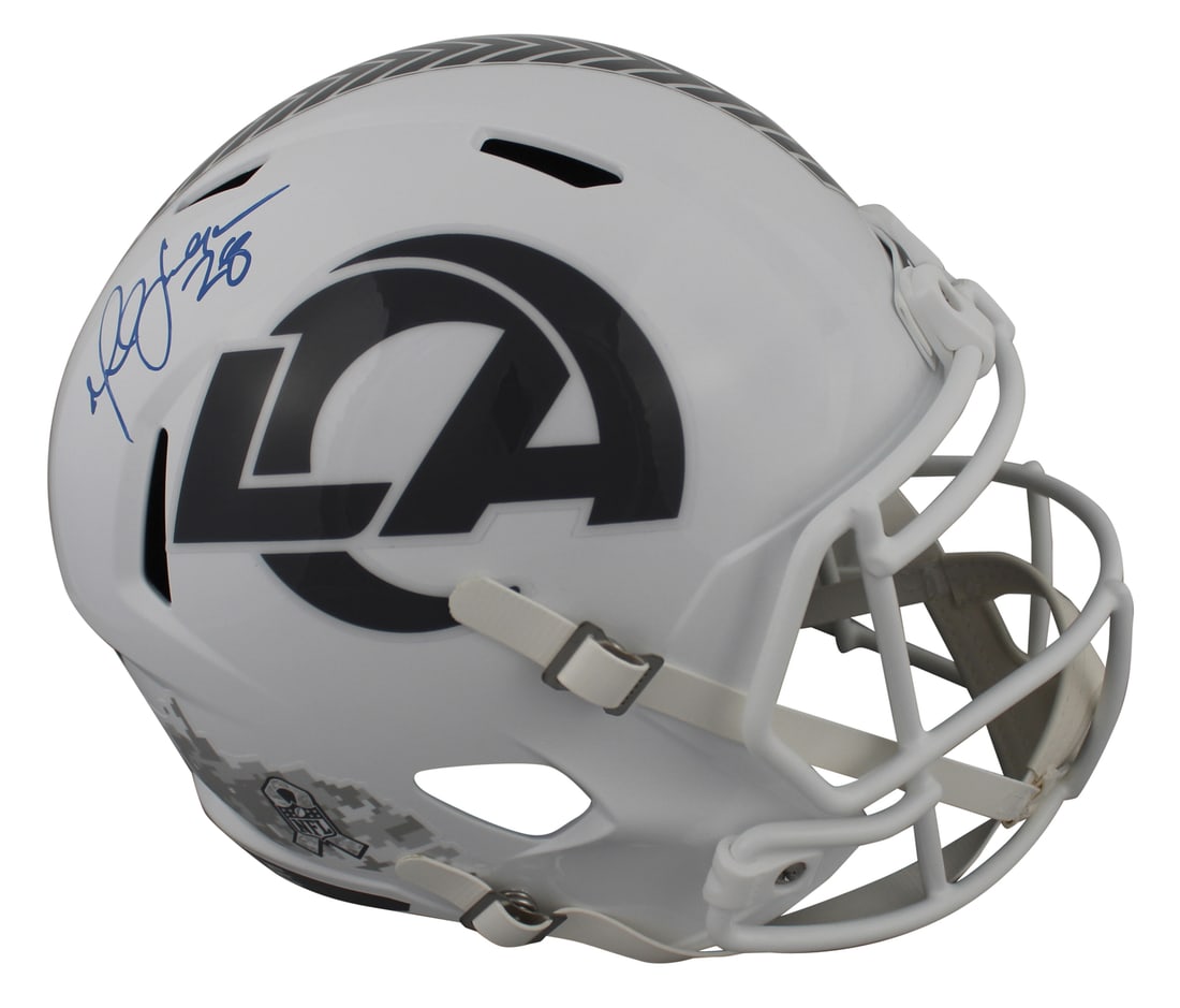 St. Louis Rams Marshall Faulk Signed Salute To Service III Helmet BAS Witnessed: St. Louis Rams Marshall Faulk Signed Salute To Service III Helmet BAS Witnessed Celebrate the legacy of Marshall Faulk with this autographed alternate 2024 Salute To Service III Riddell Full Size Spee