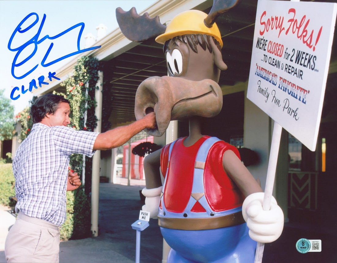 Chevy Chase Signed 11x14 Photo Clark National Lampoon's Vacation BAS Authenticated: Chevy Chase Signed 11x14 Photo Clark National Lampoon's Vacation BAS Authenticated This autographed 11x14 photograph features Chevy Chase as "Clark" from National Lampoon's Vacation. The photo is pers