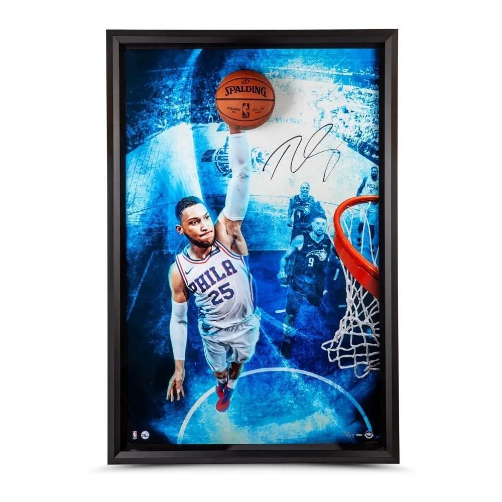 Ben Simmons Autographed Framed 40x62 Photo 76ers Upper Deck #/125: Ben Simmons Autographed Framed 40x62 Photo 76ers Upper Deck #/125 This remarkable Ben Simmons signed 40x62 photo captures the star player breaking through during a game with the Philadelphia 76ers. Th