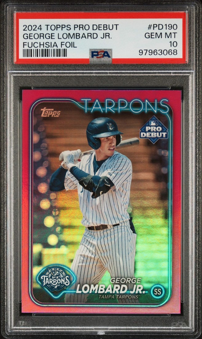 2024 Pro Debut George Lombard Jr Fuchsia /199 Baseball Card PSA 10: 2024 Pro Debut George Lombard Jr Fuchsia /199 Baseball Card PSA 10 This is a graded 2024 Pro Debut Fuschia Baseball Card featuring George Lombard Jr, numbered #PD190 and limited to /199 copies. The ca