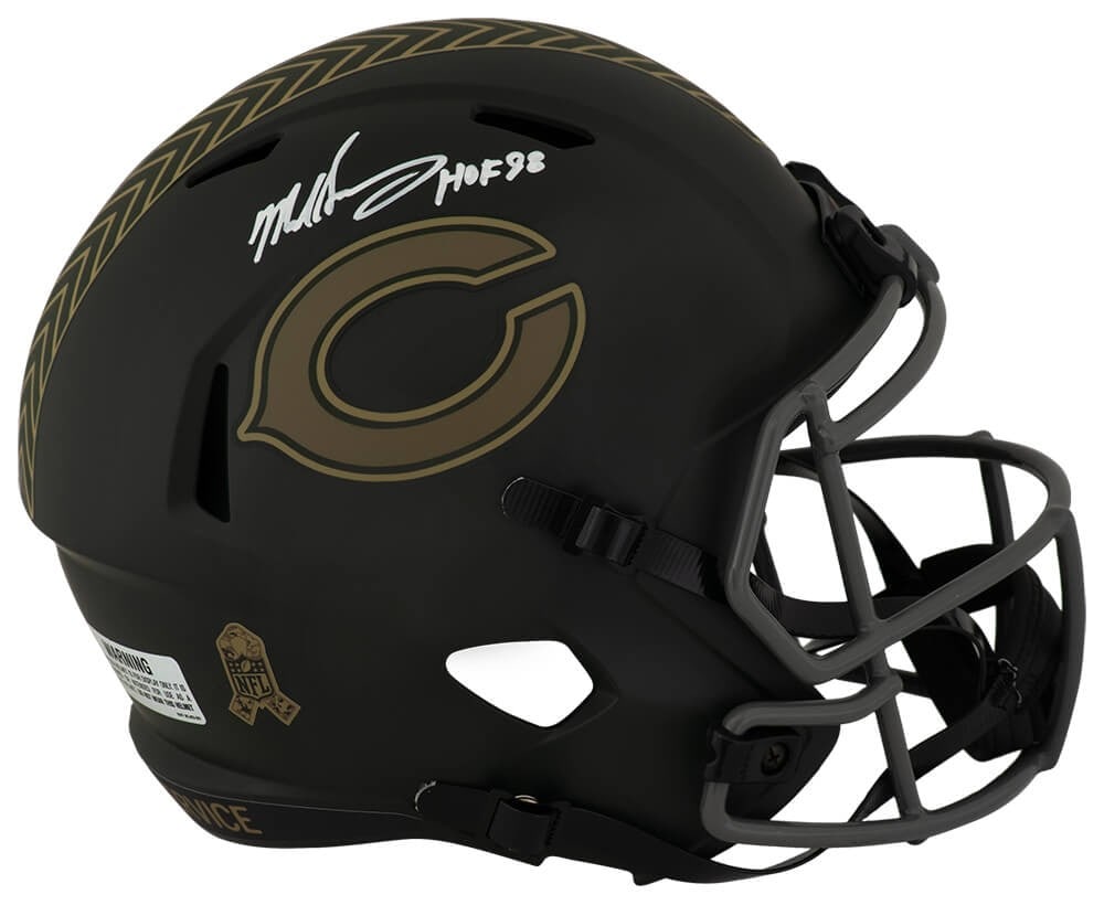Chicago Bears Riddell Full Size Replica Helmet Signed by Mike Singletary with HOF Inscription: Chicago Bears Riddell Full Size Replica Helmet Signed by Mike Singletary with HOF Inscription This is a Chicago Bears 2025 Salute Riddell full size speed replica helmet signed by Mike Singletary. The