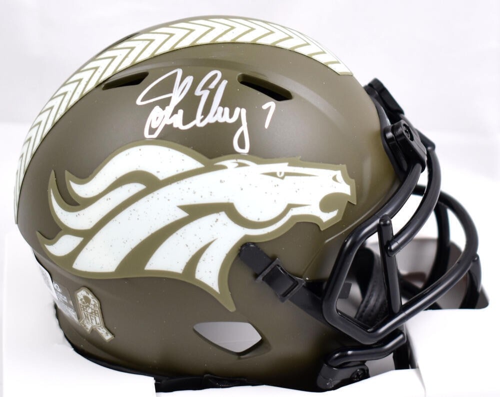 John Elway Signed Broncos Mini Helmet Beckett Authenticated: John Elway Signed Broncos Mini Helmet Beckett Authenticated This Denver Broncos speed mini helmet, signed by legendary player John Elway, is a must-have for any football fan. It features a sleek desig