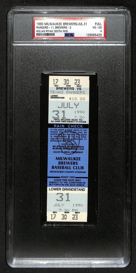 1990 Brewers vs Rangers Full Ticket Nolan Ryan 300th Win PSA VG-EX 4: 1990 Brewers vs Rangers Full Ticket Nolan Ryan 300th Win PSA VG-EX 4 Celebrate a historic moment in baseball with this original full ticket from the July 31, 1990 game between the Milwaukee Brewers an