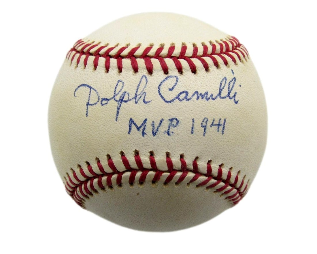 Dolph Camilli MVP 1941 Signed Baseball Brooklyn Dodgers JSA Authenticated: Dolph Camilli MVP 1941 Signed Baseball Brooklyn Dodgers JSA Authenticated This is an original Dolph Camilli signed and inscribed ONL baseball from the Brooklyn Dodgers, featuring the inscription "MVP