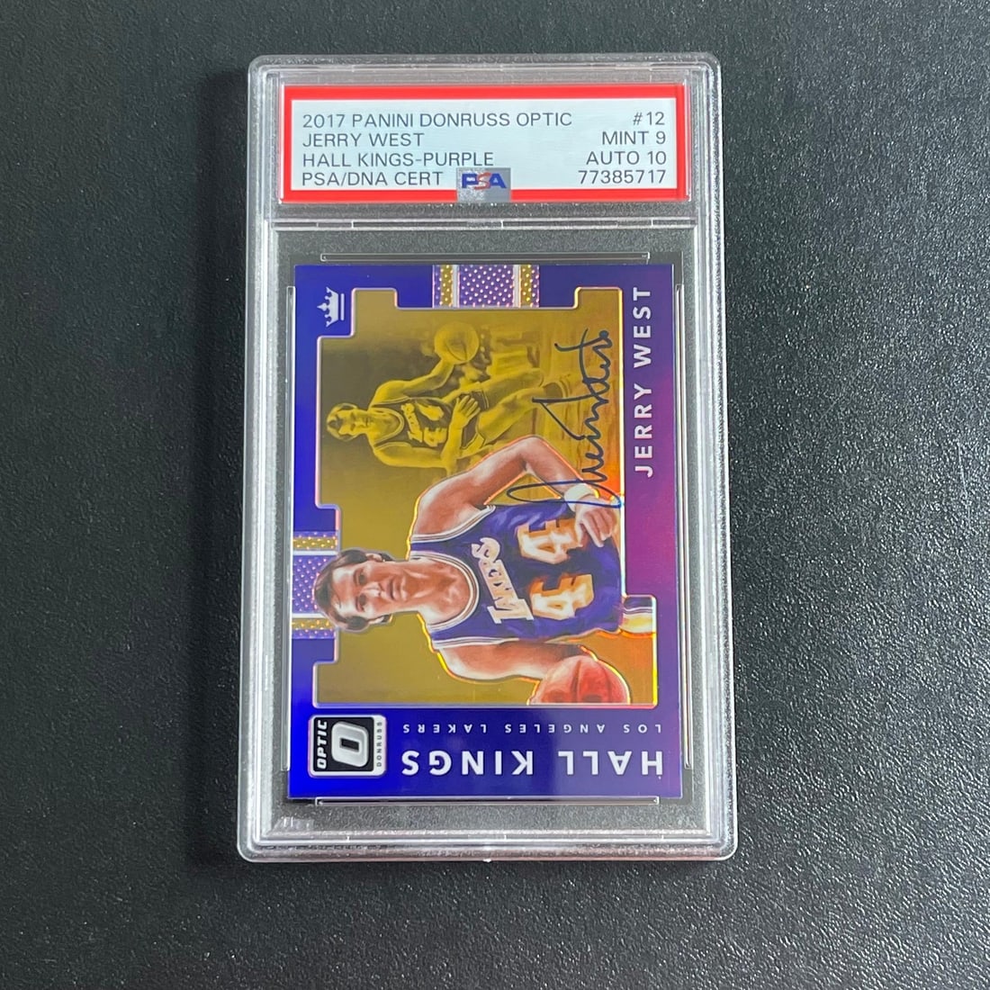 2017 Panini Donruss Optic Jerry West Signed Card PSA/DNA AUTO 10: 2017 Panini Donruss Optic Jerry West Signed Card PSA/DNA AUTO 10 This 2017 Panini Donruss Optic Hall Kings Purple #12 card features the iconic signature of Jerry West. The autograph has been authentic