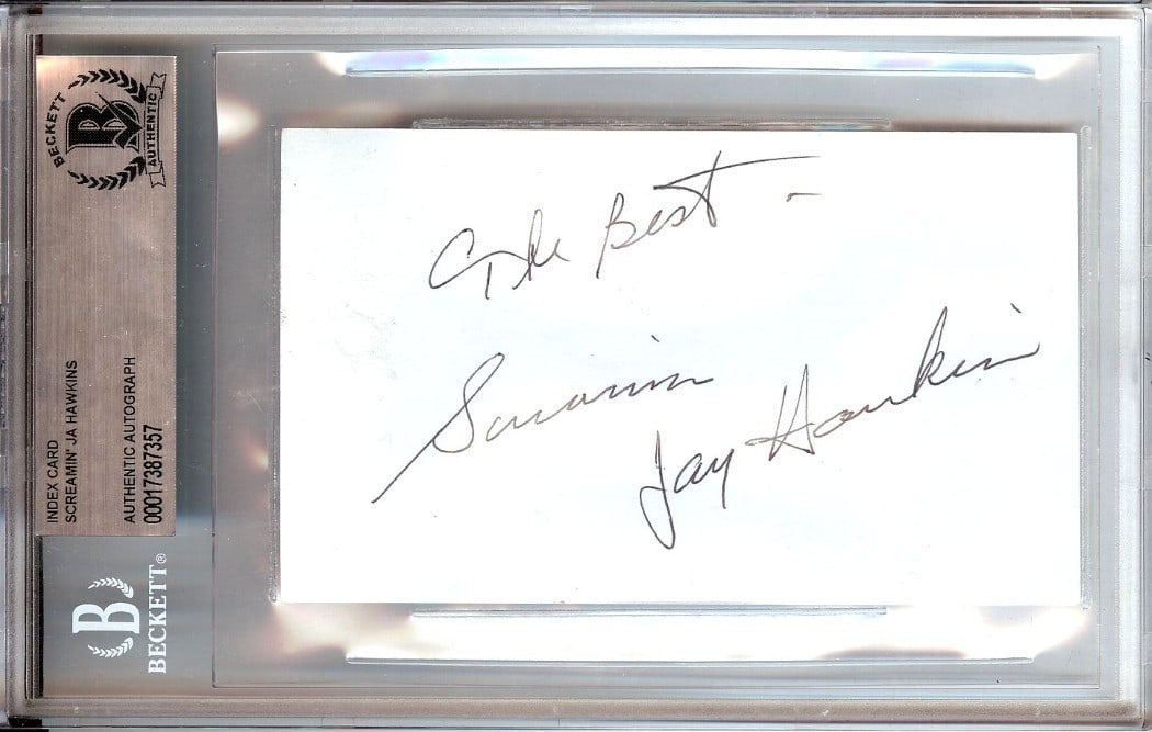 Screamin' Jay Hawkins Autographed Index Card 4.5 x 7 Beckett Authenticated: Screamin' Jay Hawkins Autographed Index Card 4.5 x 7 Beckett Authenticated This is an original autographed index card by Screamin' Jay Hawkins, a renowned singer and songwriter known for his theatrica