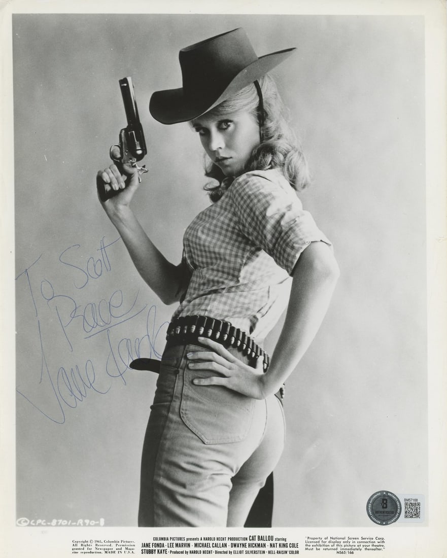 Jane Fonda Cat Ballou Signed 8x10 Photo Beckett Authenticated: Jane Fonda Cat Ballou Signed 8x10 Photo Beckett Authenticated This is an authentic 8x10 photograph personally signed by Jane Fonda, famous for her role in the classic film 'Cat Ballou.' The photograph