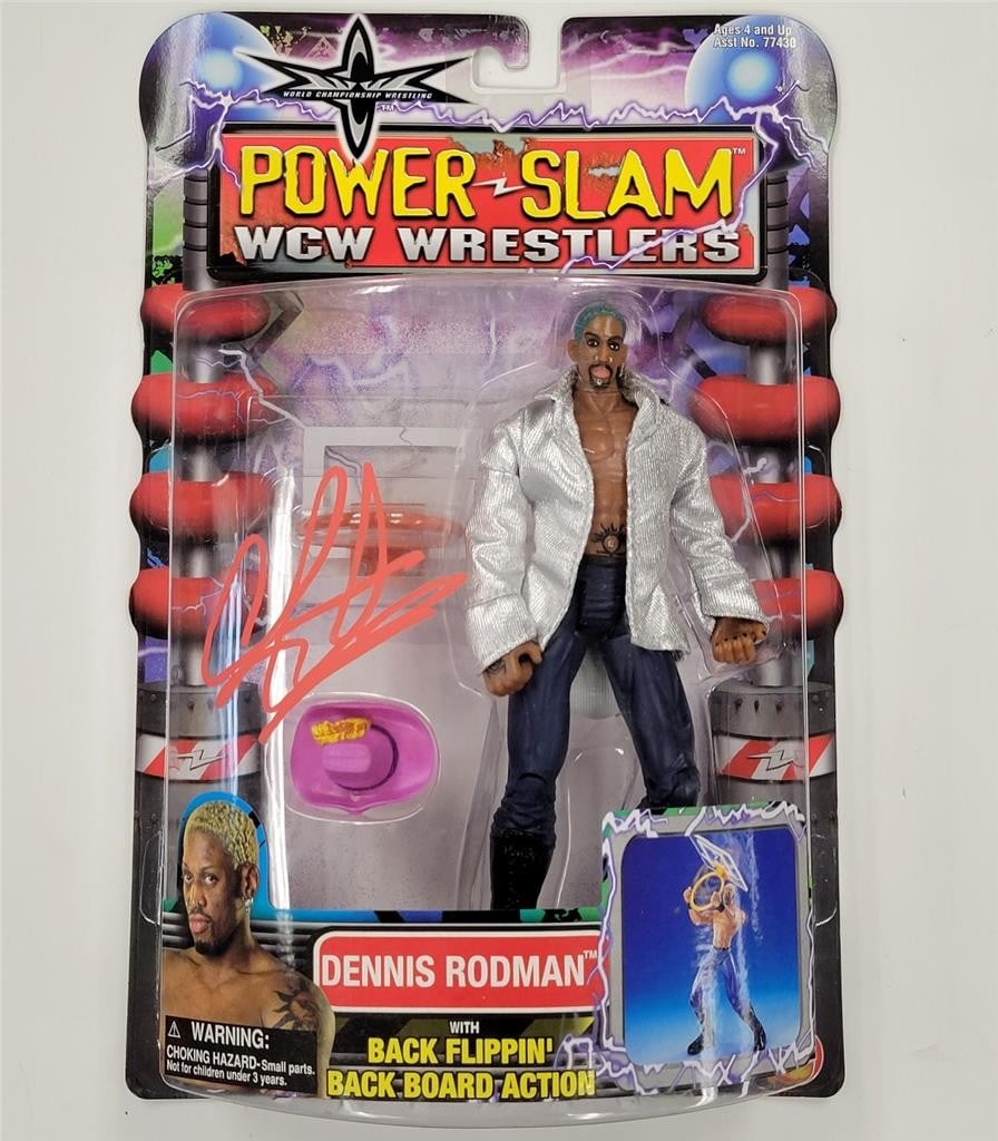 Dennis Rodman Signed Power Slam WCW Figure Beckett Authenticated: Dennis Rodman Signed Power Slam WCW Figure Beckett Authenticated This original Dennis Rodman Power Slam WCW Wrestling Figure features an authenticated autograph by the basketball legend himself. The f