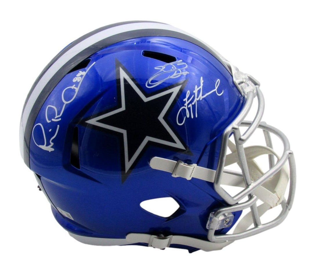 Dallas Cowboys Full Size Flash Helmet Signed by Smith Aikman Irvin BAS: Dallas Cowboys Full Size Flash Helmet Signed by Smith Aikman Irvin BAS Celebrate the legendary Dallas Cowboys with this full-size blue flash replica football helmet, featuring multi-signatures from Ha