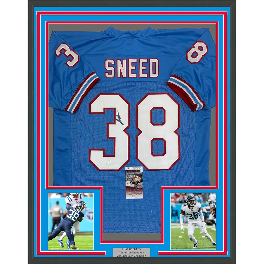 Framed Autographed L'Jarius Sneed Tennessee Titans Retro Jersey JSA COA: Framed Autographed L'Jarius Sneed Tennessee Titans Retro Jersey JSA COA Showcase your passion for football with this professionally framed and matted autographed L'Jarius Sneed Tennessee Titans retro
