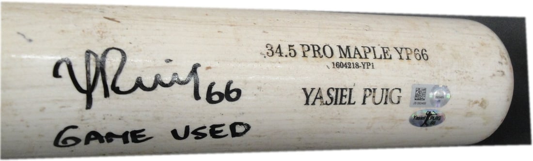 Yasiel Puig Signed Game Used Bat Los Angeles Dodgers: Yasiel Puig Signed Game Used Bat Los Angeles Dodgers This is an official game-used baseball bat from Yasiel Puig, a notable player for the Los Angeles Dodgers. The bat was used during a game on June 2