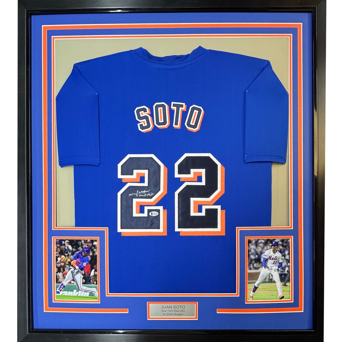 Framed Signed Juan Soto New York Mets Jersey Beckett BAS COA: Framed Signed Juan Soto New York Mets Jersey Beckett BAS COA This framed autographed jersey features the signature of MLB player Juan Soto, prominently displayed on a custom New York Mets blue jersey.