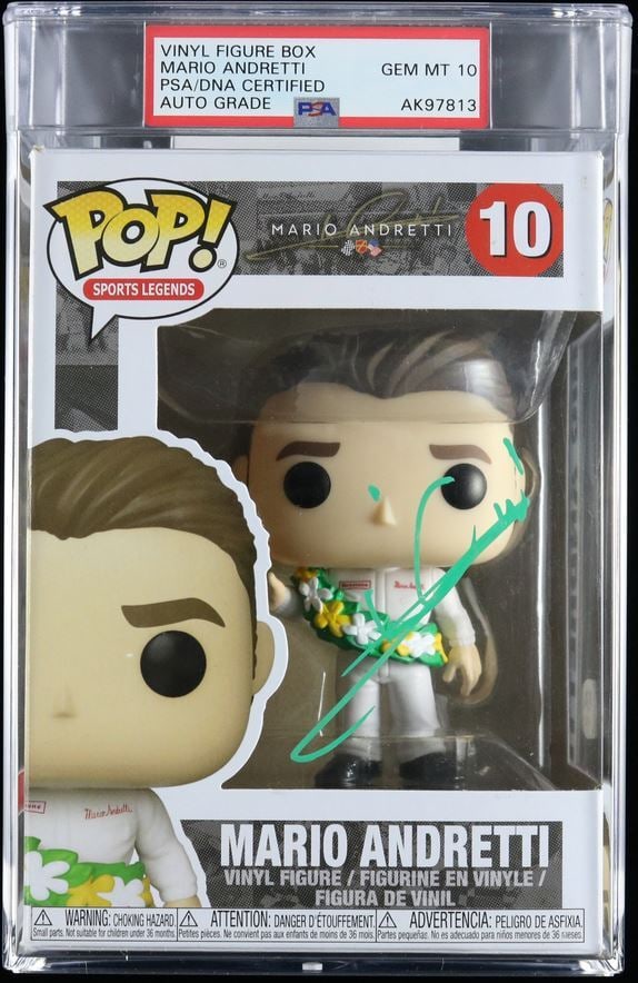 Mario Andretti Signed Funko Pop PSA/DNA AUTO 10 NASCAR Collectible: Mario Andretti Signed Funko Pop PSA/DNA AUTO 10 NASCAR Collectible This Funko Pop collectible features the signature of racing legend Mario Andretti, one of only two drivers to have triumphed in Formu