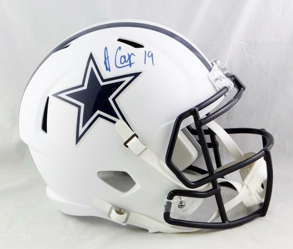 Amari Cooper Autographed Dallas Cowboys Speed Helmet JSA Authenticated: Amari Cooper Autographed Dallas Cowboys Speed Helmet JSA Authenticated This is a full-size flat white speed helmet signed by Amari Cooper, the talented wide receiver of the Dallas Cowboys. The helmet