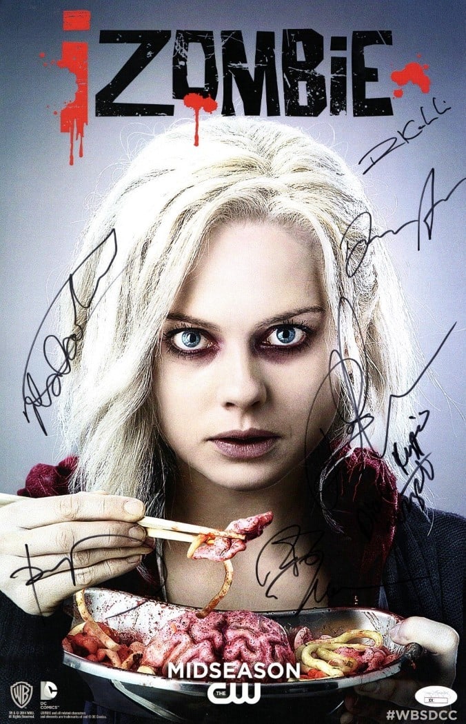 iZombie Signed Poster 11X17 with 7 Autographs JSA Authenticated: iZombie Signed Poster 11X17 with 7 Autographs JSA Authenticated This iZombie cast autographed poster features signatures from prominent cast members including Rose McIver, Malcolm Goodwin, Rahul Kohli