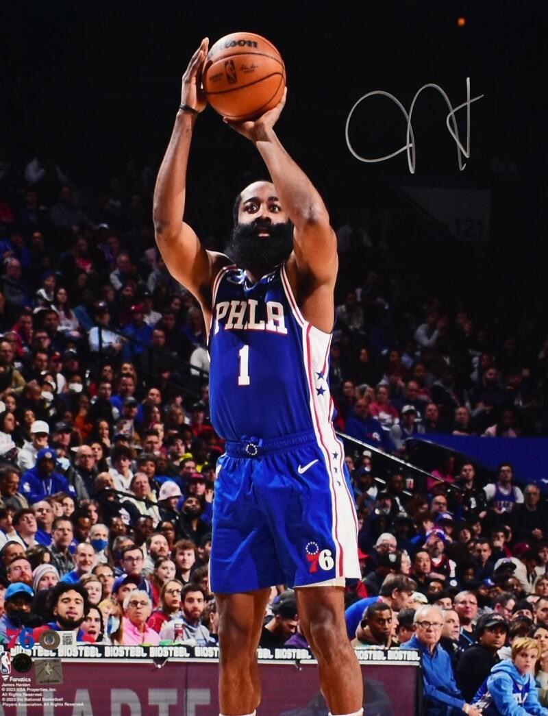 James Harden Signed Philadelphia 76ers 16x20 Photo Beckett Authenticated: James Harden Signed Philadelphia 76ers 16x20 Photo Beckett Authenticated This is a striking 16x20 shot photo of James Harden, who has signed it, showcasing his affiliation with the Philadelphia 76ers.