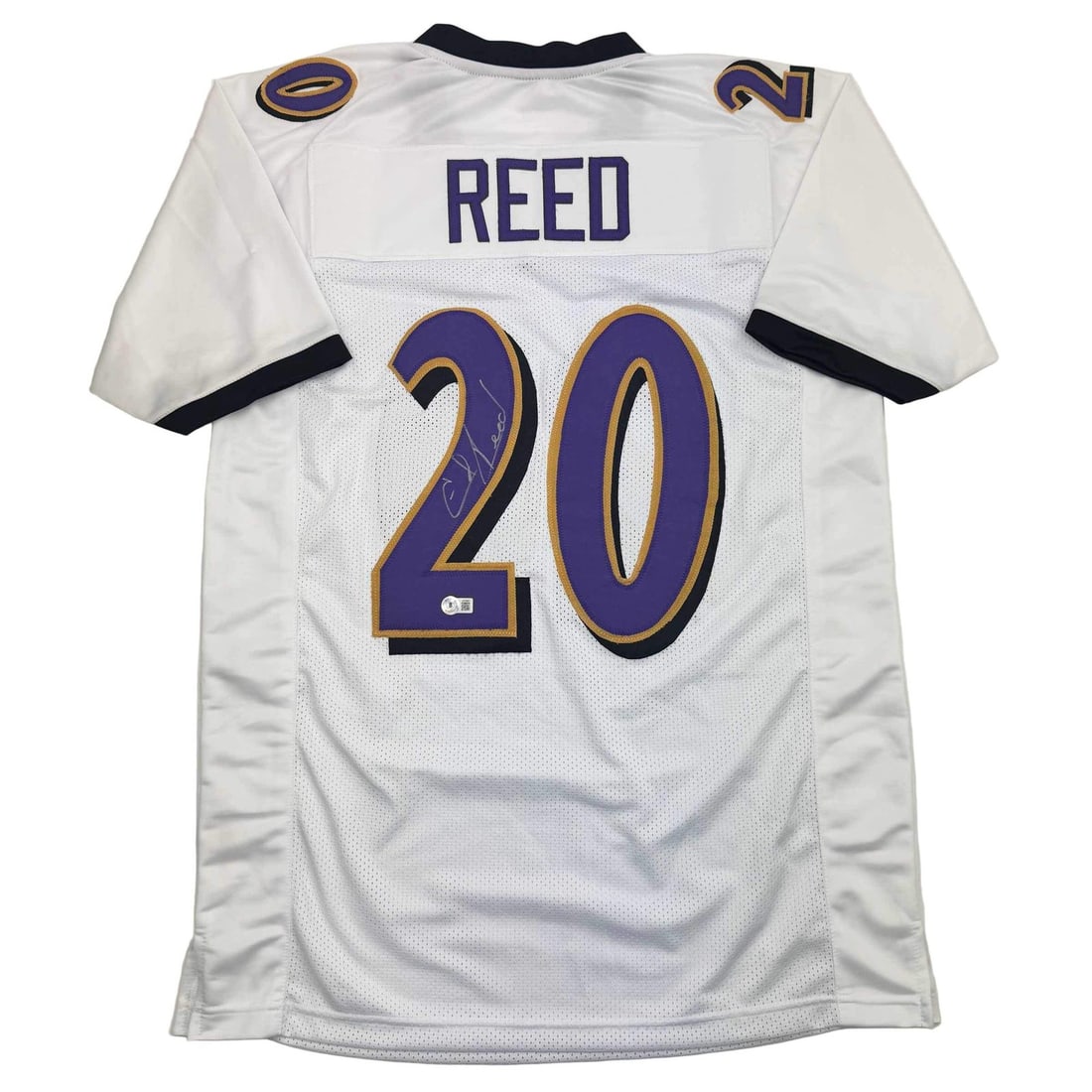 Ed Reed Autographed White Football Jersey Baltimore Ravens Beckett COA: Ed Reed Autographed White Football Jersey Baltimore Ravens Beckett COA This is an authentic, autographed Ed Reed Baltimore Ravens white football jersey, featuring the player's name and number. The jer