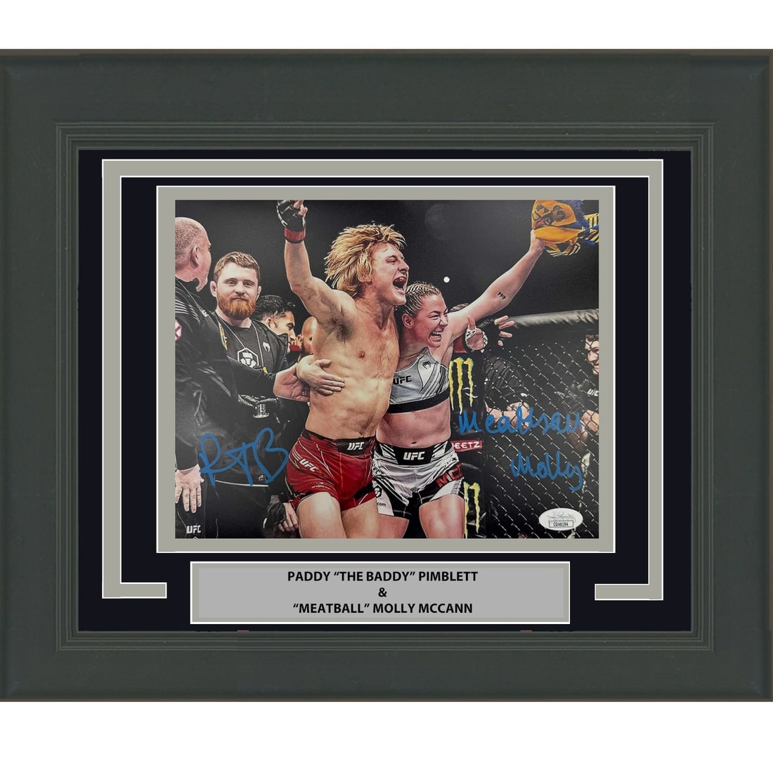 Framed Autographed Paddy Pimblett Molly McCann 8x10 Photo JSA Certified: Framed Autographed Paddy Pimblett Molly McCann 8x10 Photo JSA Certified This professionally framed and matted 8x10 photo features the autographs of UFC athletes Paddy Pimblett and Molly McCann, both r