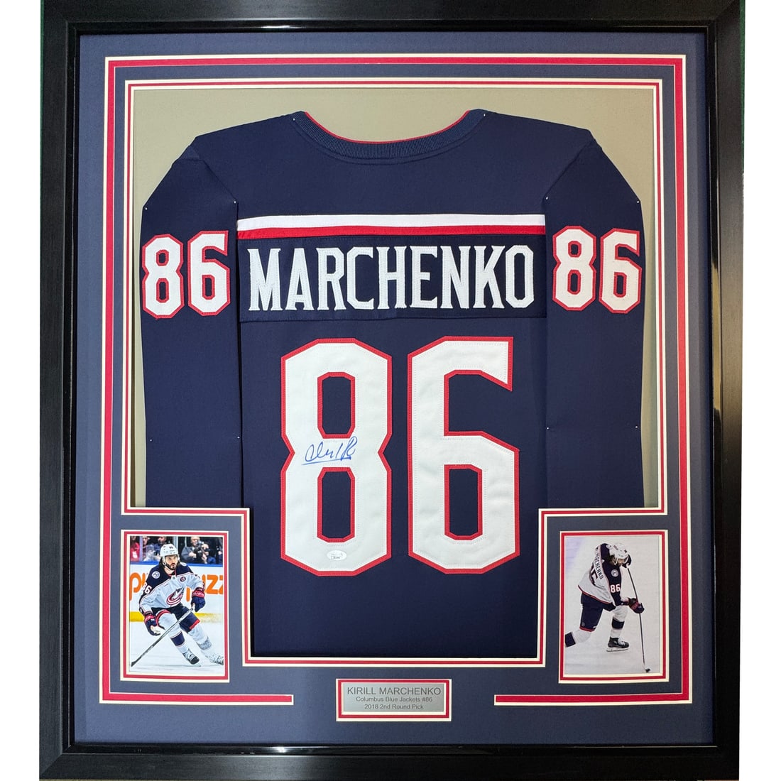 Framed Autographed Kirill Marchenko Jersey 35x39 Columbus Blue Jackets JSA COA: Framed Autographed Kirill Marchenko Jersey 35x39 Columbus Blue Jackets JSA COA Showcase your love for hockey with this framed and autographed Kirill Marchenko jersey from the Columbus Blue Jackets. Me