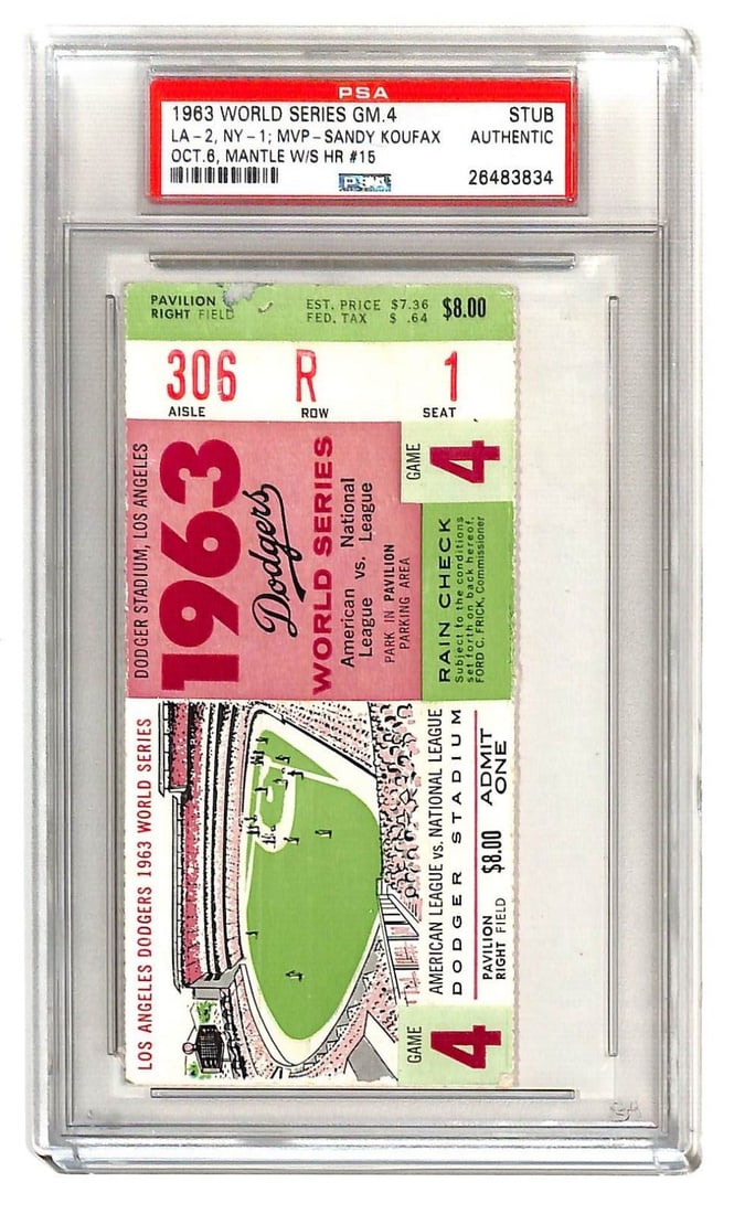 1963 World Series Game 4 Ticket Dodgers vs Yankees Mantle HR Koufax MVP Authentic (1 of 3)