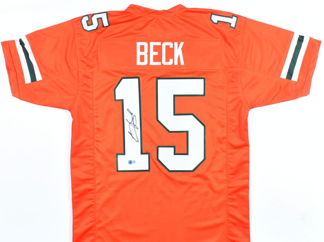 Carson Beck Signed Miami Hurricanes Jersey Beckett Hologram: Carson Beck Signed Miami Hurricanes Jersey Beckett Hologram This is an original autographed jersey of Carson Beck, a notable player for the Miami Hurricanes football team. The jersey features a vibran