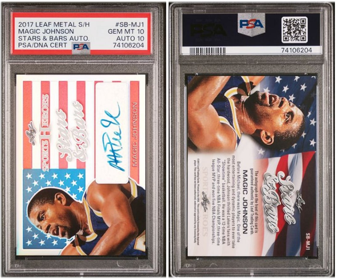 Magic Johnson 2017 Leaf Metal Stars & Bars PSA 10 Auto Lakers: Magic Johnson 2017 Leaf Metal Stars & Bars PSA 10 Auto Lakers This collectible card features Magic Johnson from the 2017 Leaf Metal Stars & Bars series. Graded a perfect PSA 10, this card is an except