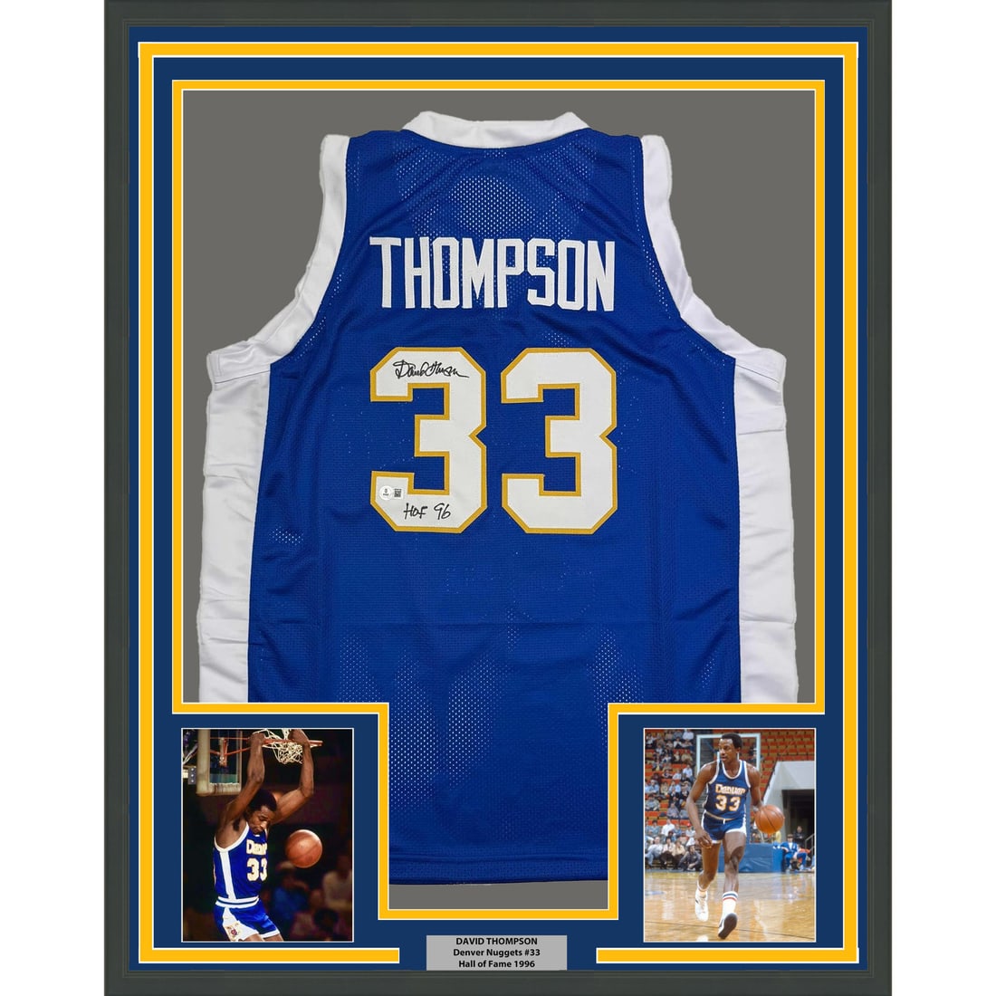 Framed David Thompson Autographed Denver Nuggets Jersey JSA COA 35x39 HOF 96: Framed David Thompson Autographed Denver Nuggets Jersey JSA COA 35x39 HOF 96 This exquisite framed display features an autographed Denver Nuggets jersey signed by NBA legend David Thompson. The jersey