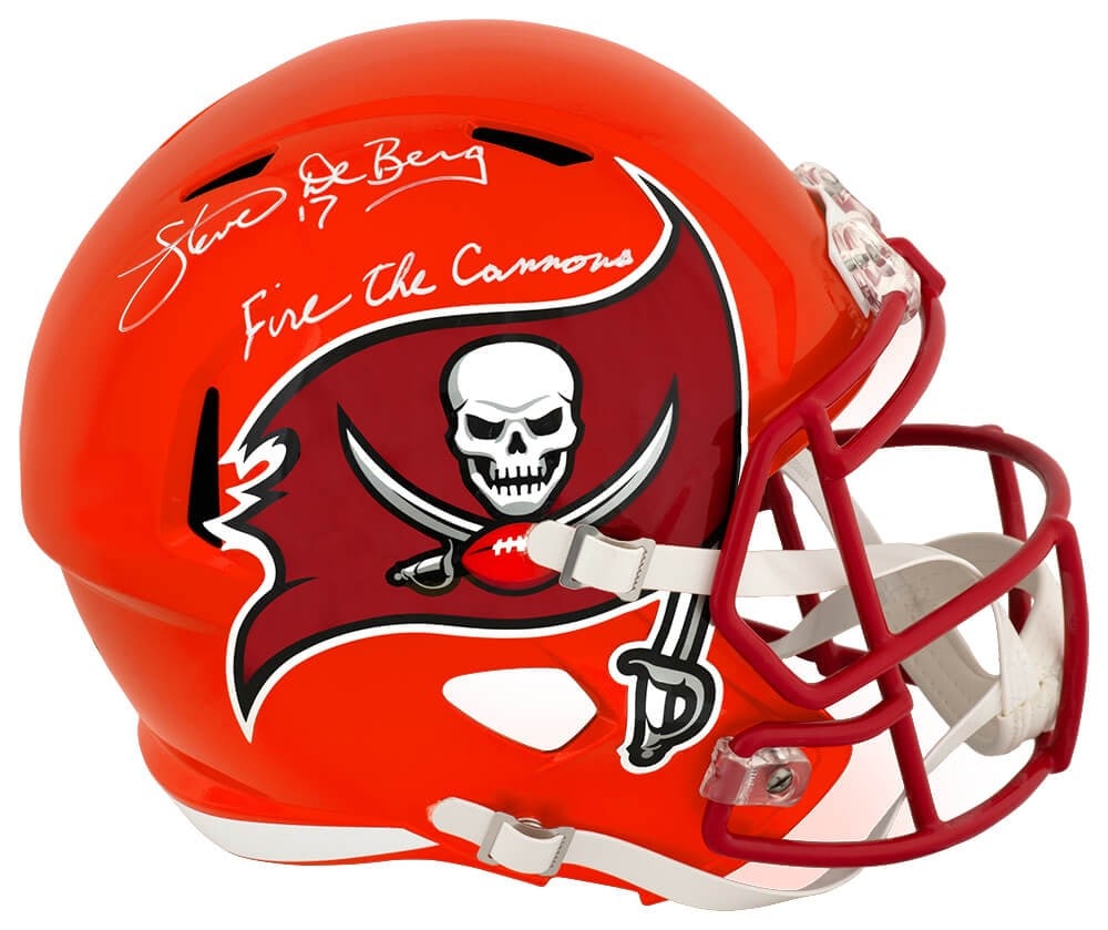 Steve DeBerg Signed Buccaneers Flash Replica Helmet with Fire The Cannons Inscription: Steve DeBerg Signed Buccaneers Flash Replica Helmet with Fire The Cannons Inscription This is a full-size replica helmet of the Tampa Bay Buccaneers, signed by former NFL quarterback Steve DeBerg. The