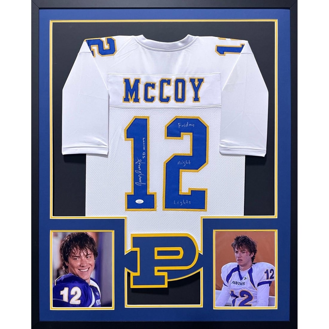 Friday Night Lights McCoy Signed Framed Jersey JSA Authenticated 42x34: Friday Night Lights McCoy Signed Framed Jersey JSA Authenticated 42x34 This is a signed and framed jersey from the iconic series 'Friday Night Lights,' featuring an autograph from McCoy. The jersey is