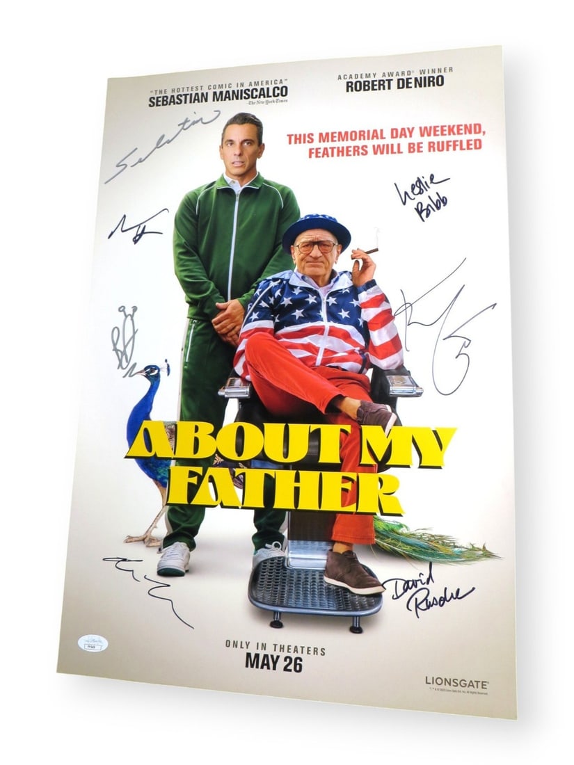 About My Father Multi Signed Poster 13x20 Beckett Authenticated: About My Father Multi Signed Poster 13x20 Beckett Authenticated This original multi-signed poster features the cast of 'About My Father,' including Sebastian Maniscalco, Leslie Bibb, David Rasche, And