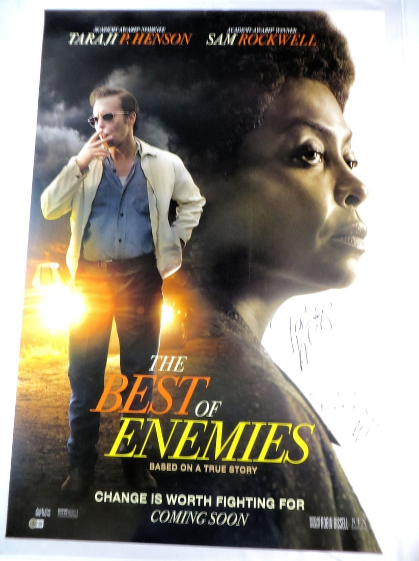 Best of Enemies Multi Signed 27x40 Poster Beckett Authenticated: Best of Enemies Multi Signed 27x40 Poster Beckett Authenticated This is an original 27x40 poster for 'Best of Enemies,' featuring the authentic signatures of Taraji P. Henson, Sam Rockwell, and Robin