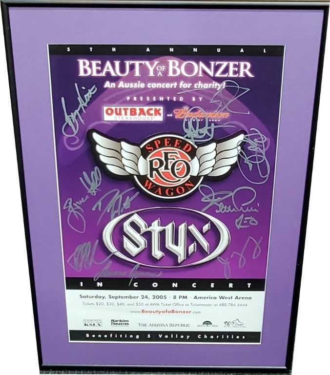 Styx REO Speed Wagon Autographed Concert Poster JSA Authenticated: Styx REO Speed Wagon Autographed Concert Poster JSA Authenticated This original concert poster features the legendary rock bands Styx and REO Speed Wagon, both of which have left an indelible mark on